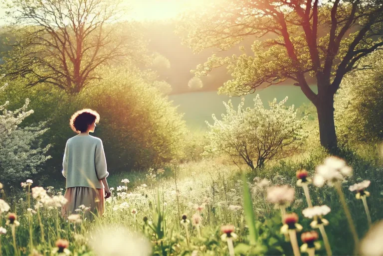 Женщина, идущая по цветущему полю, отражающая внутреннюю гармонию и путь к самопринятию, как часть процесса работы с самооценкой.
